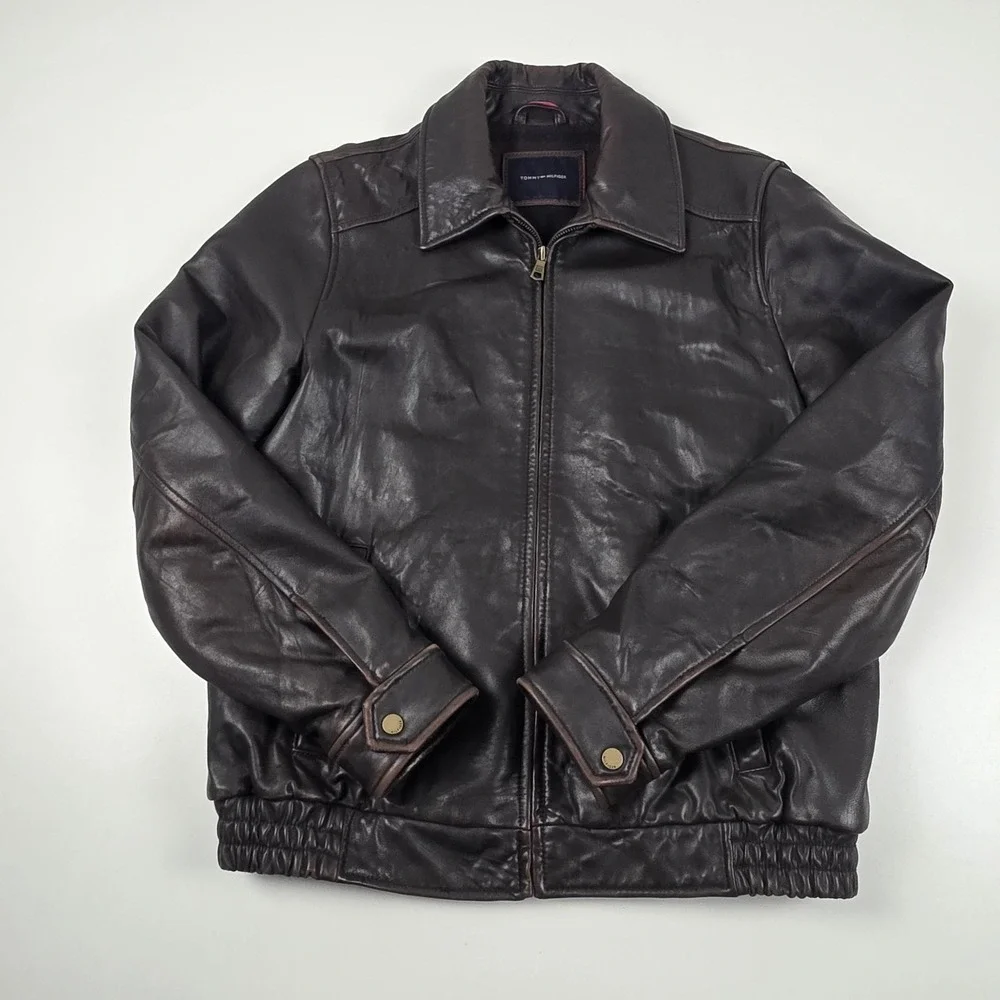 Tommy Hilfiger Jacket Mens Medium Brown Leather Bomber Plaid Lined Full Zip